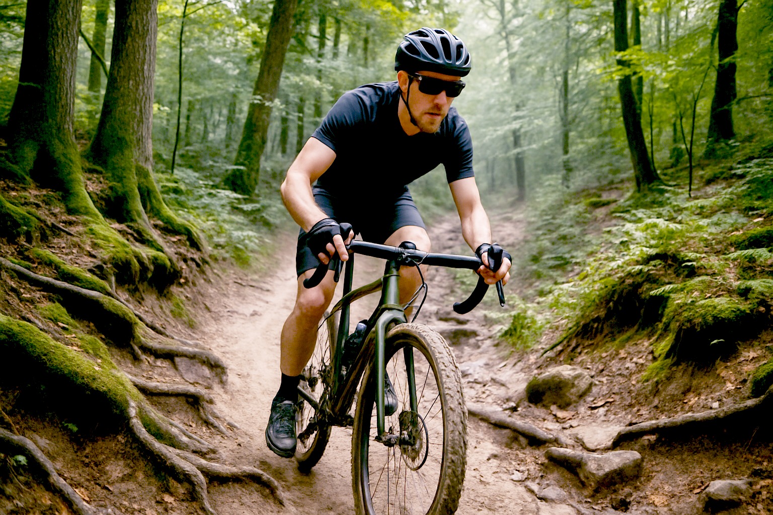 Gravelbiker fährt auf wurzelreichem Waldweg durch dichten Sachsenwald im Norden von Hamburg